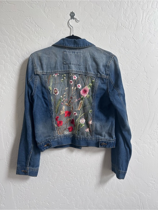 Ashley Vintage Charm Jackets & Blazers - Women’s M upcycled Blue Denim Crop Jacket with Floral Embroidered Back Panel